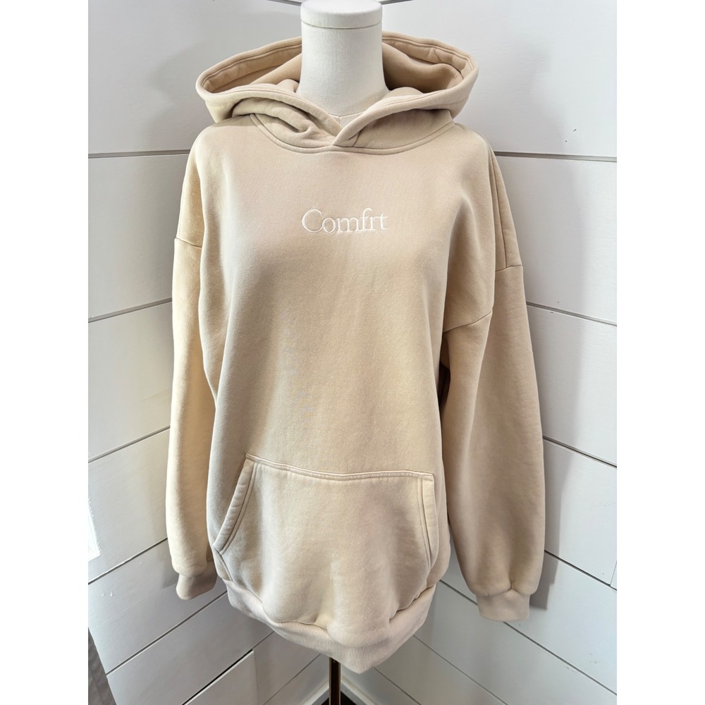 Comfrt Hoodie Unisex Large Cream Sand Excellent Oversized Fleece Pullover - Picture 2 of 7